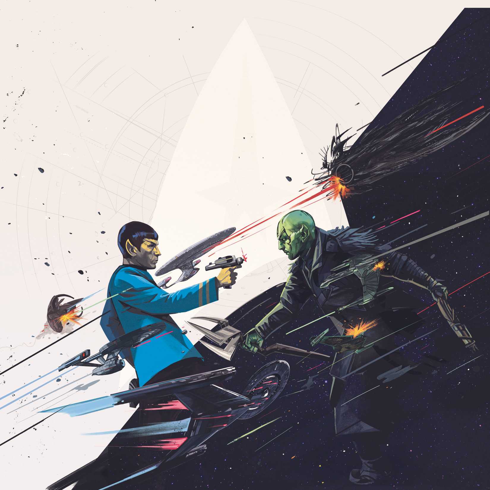 Spock fires at a Romulan in art from Star Trek: Space Hunt