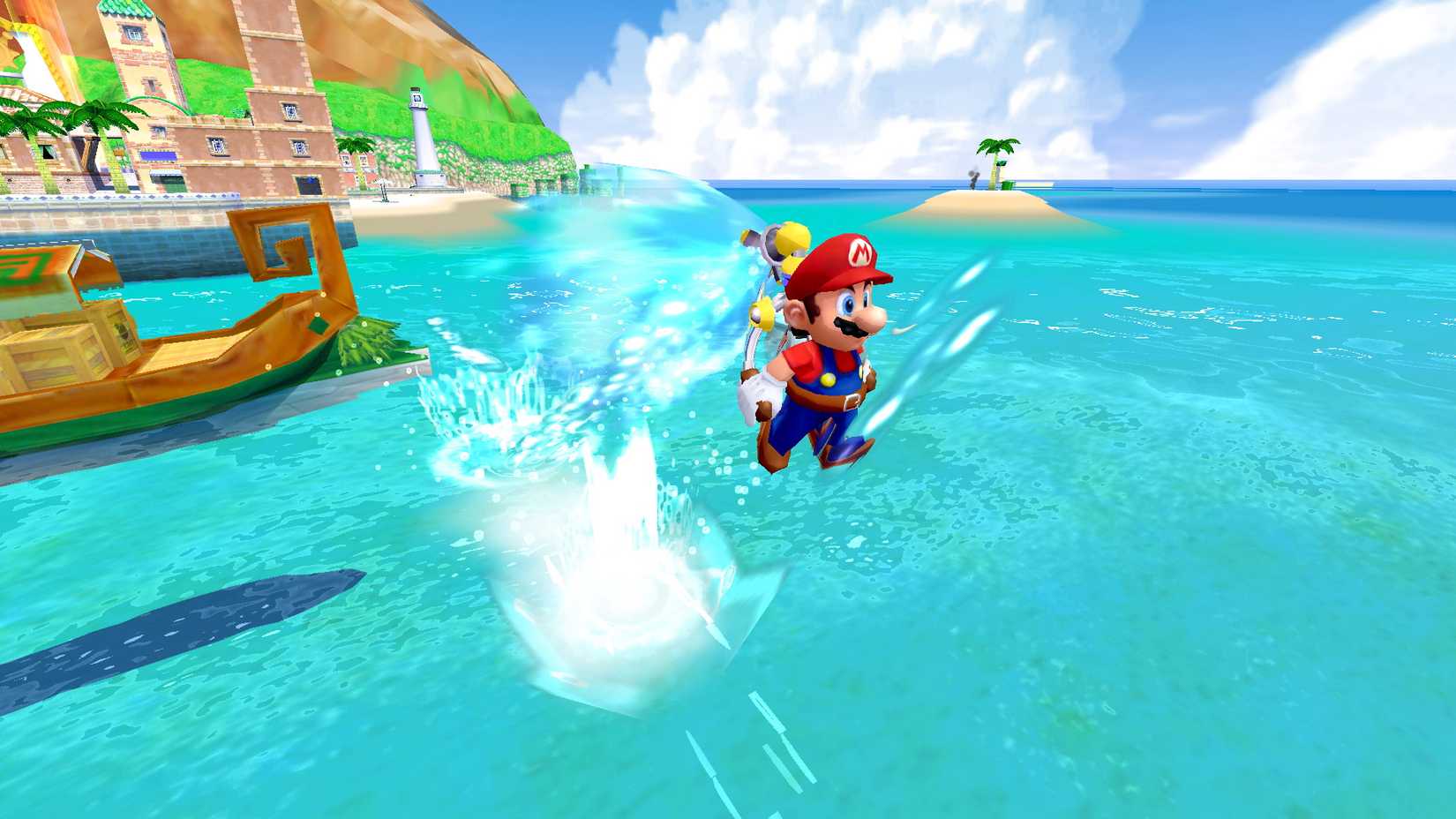 mario jumps on water in isle delfino