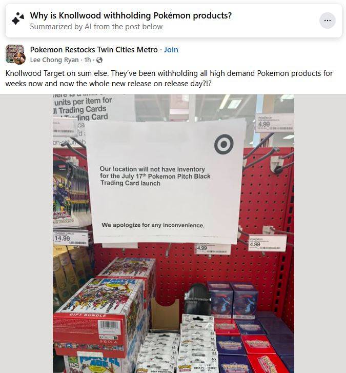 A sign posted at a local Target, which apologizes for the location's lack of Pitch Black TCG stock.