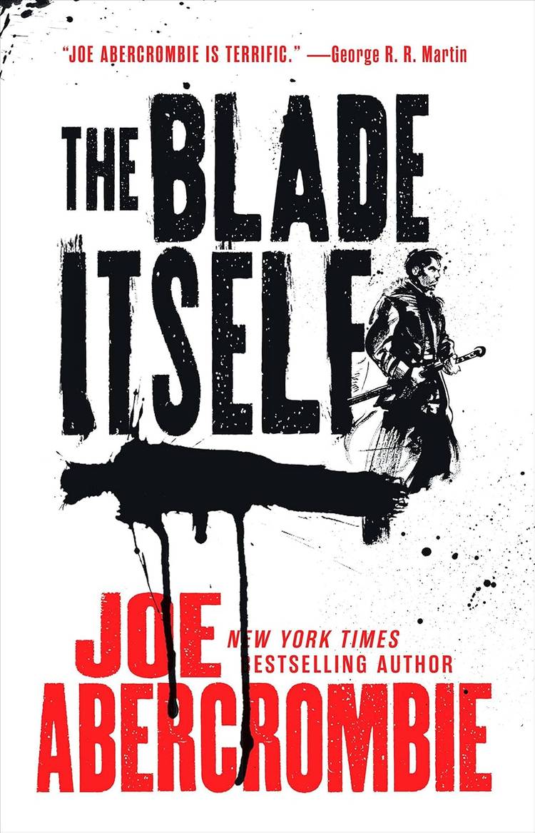 A man with a sword casts a dripping shadow in the cover art for The Blade Itself by Joe Abercrombie.