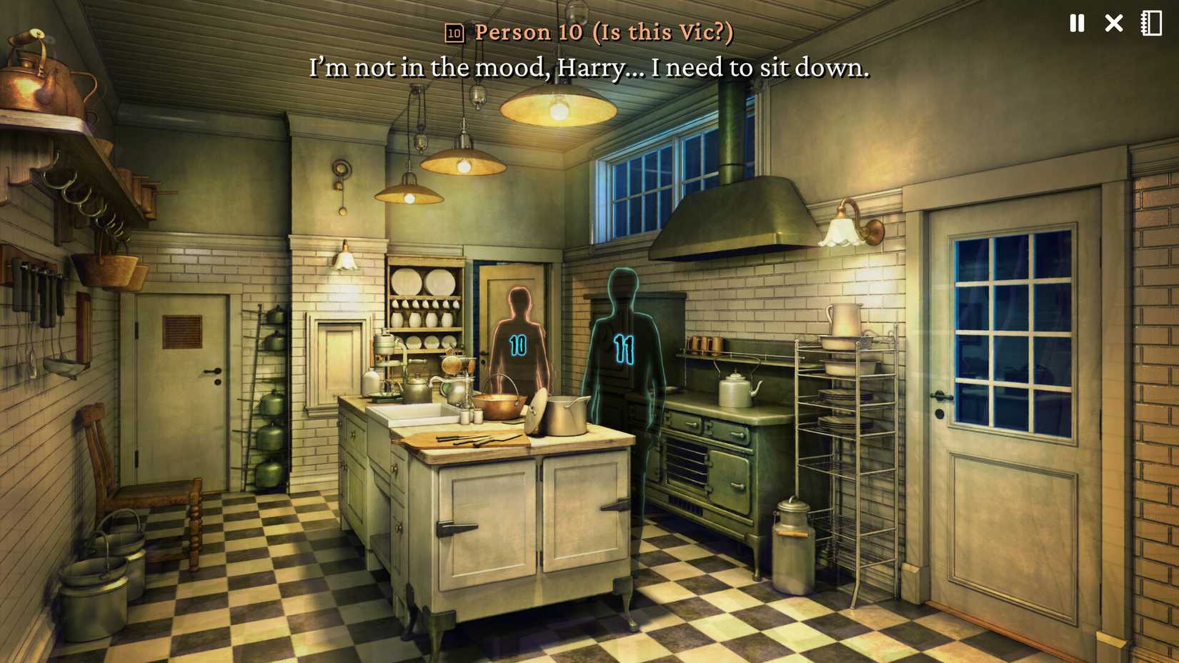 Two figures talk in a kitchen in The Incident at Galley House.