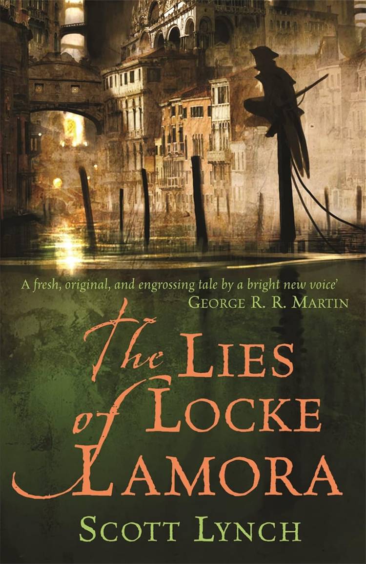 A man with a rapier perches on a pole while looking out at a cityscape in cover art for The Lies of Locke Lamora by Scott Lynch