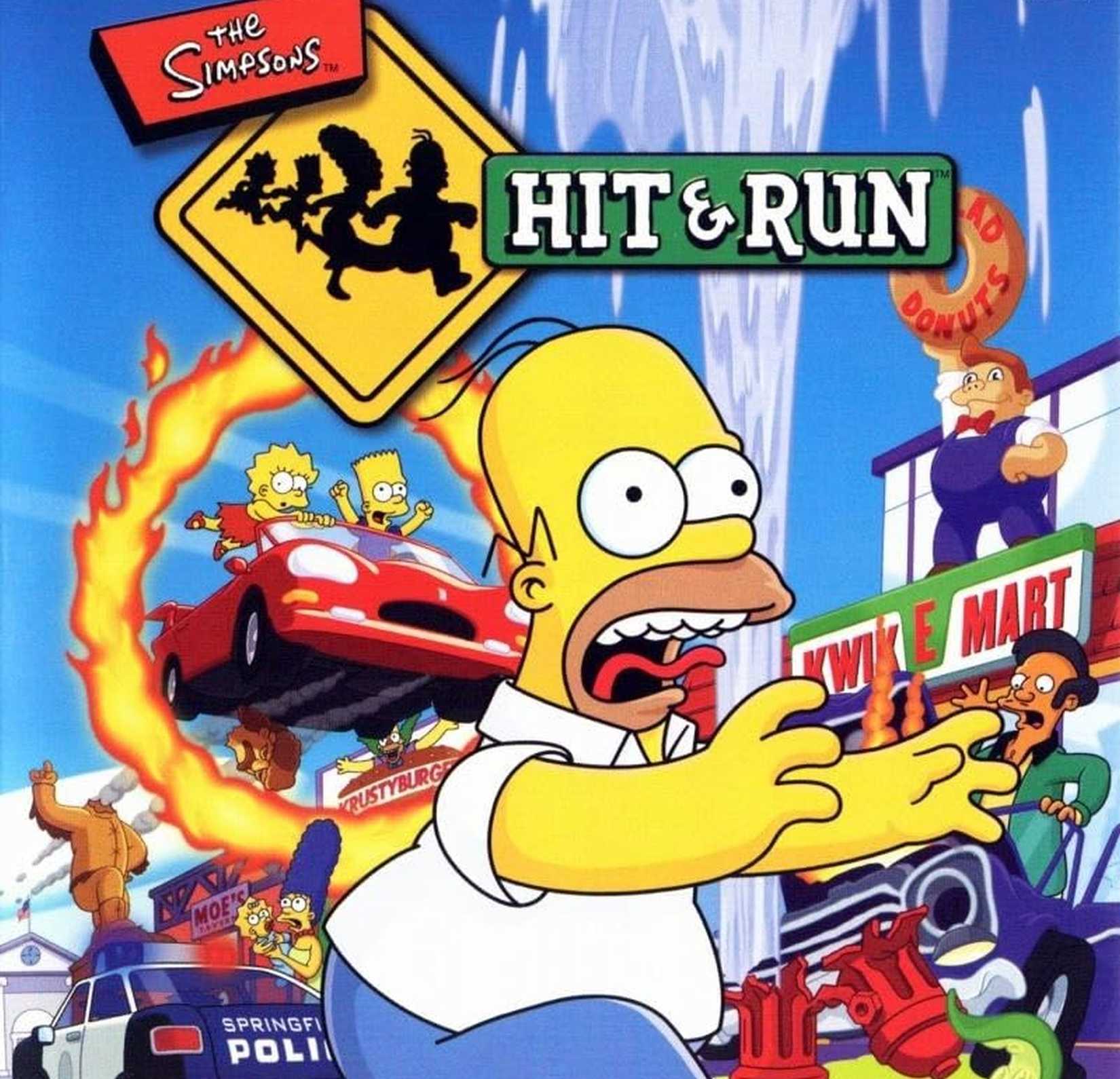 The Simpsons Hit and Run cover art sample featuring Homer running from Bart and Lisa as they launch their red car through a flaming ring of fire