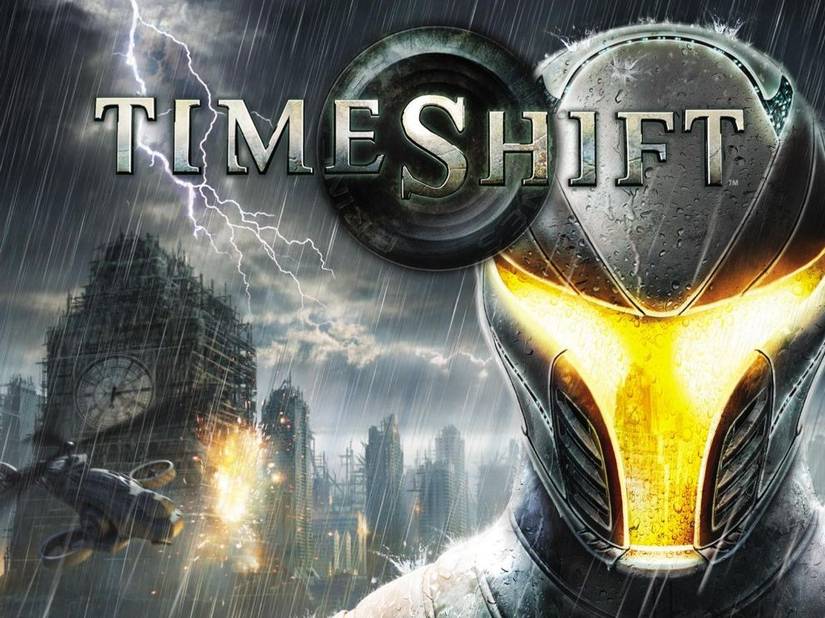 A sample of the cover art for the Xbox 360 edition of TimeShift, showing the logo and a closeup of a helmet.