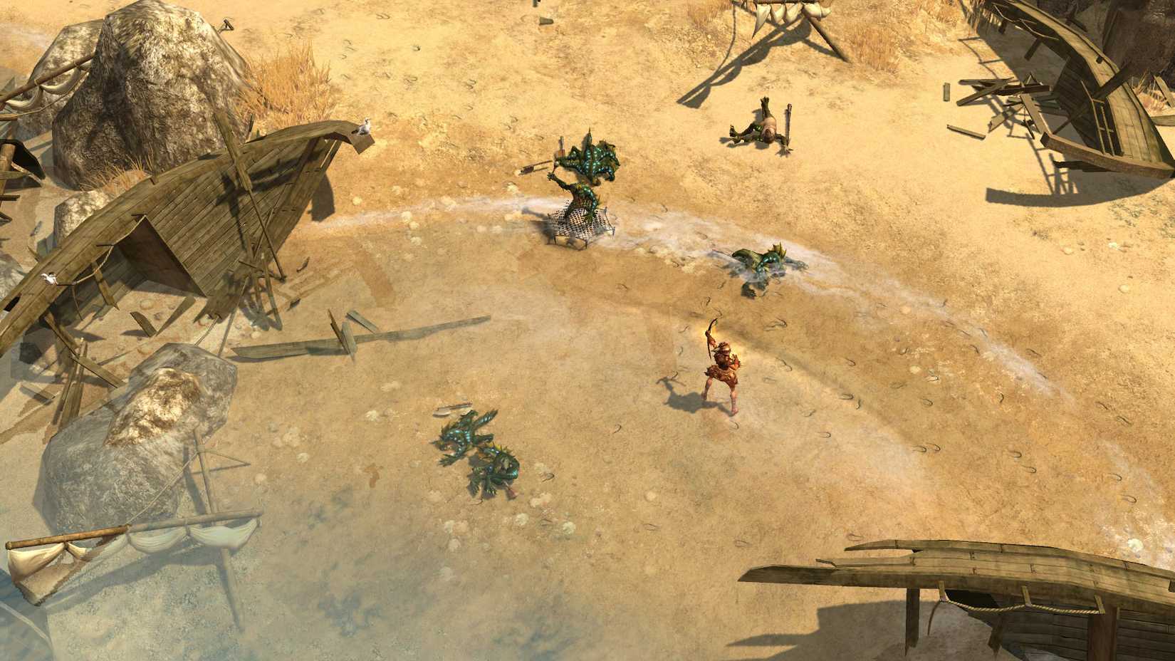 A warrior shoots a bow at a monster on a beach among wrecked ships