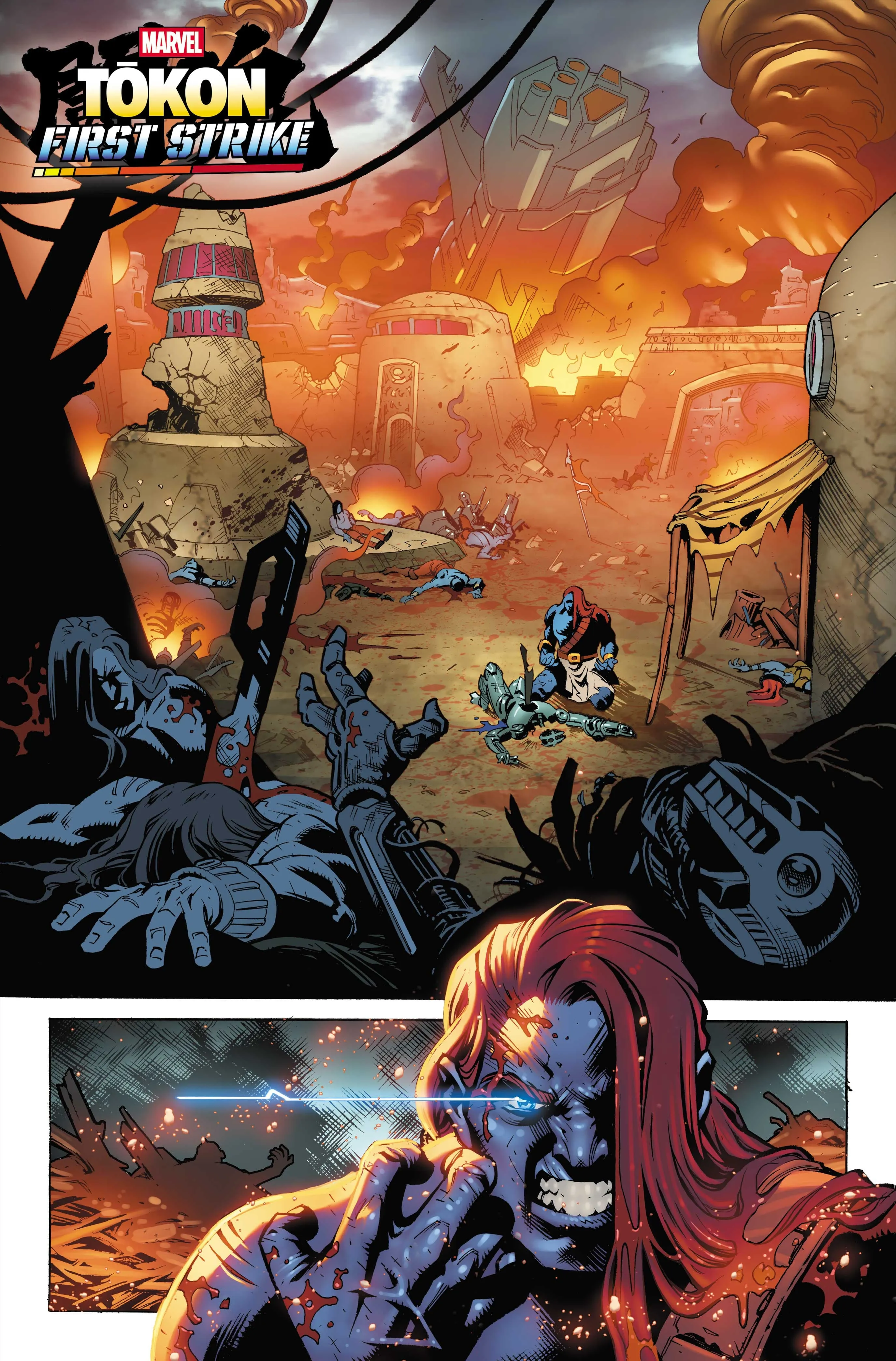 A page from the Marvel Tokon comic showing a blue figure in a ruined city