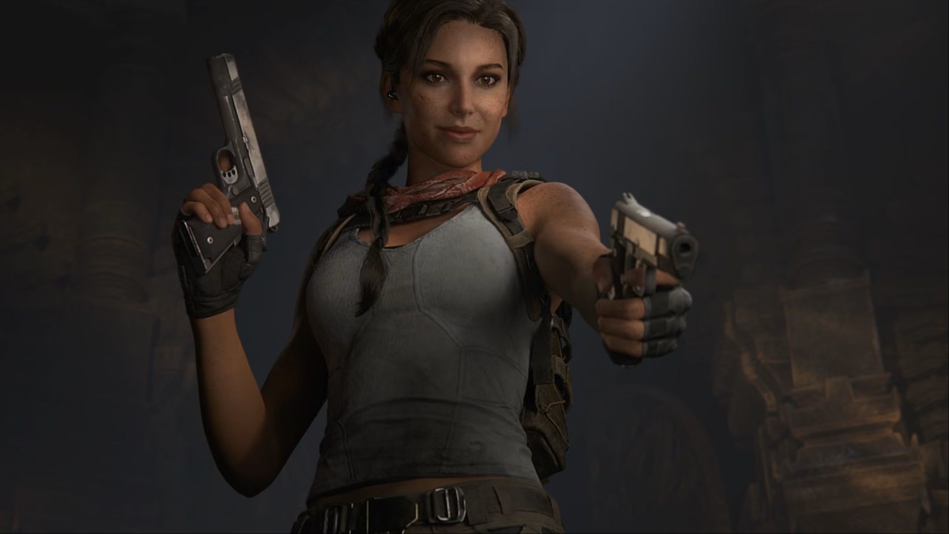 lara croft holds up dual pistols in tomb raider catalyst