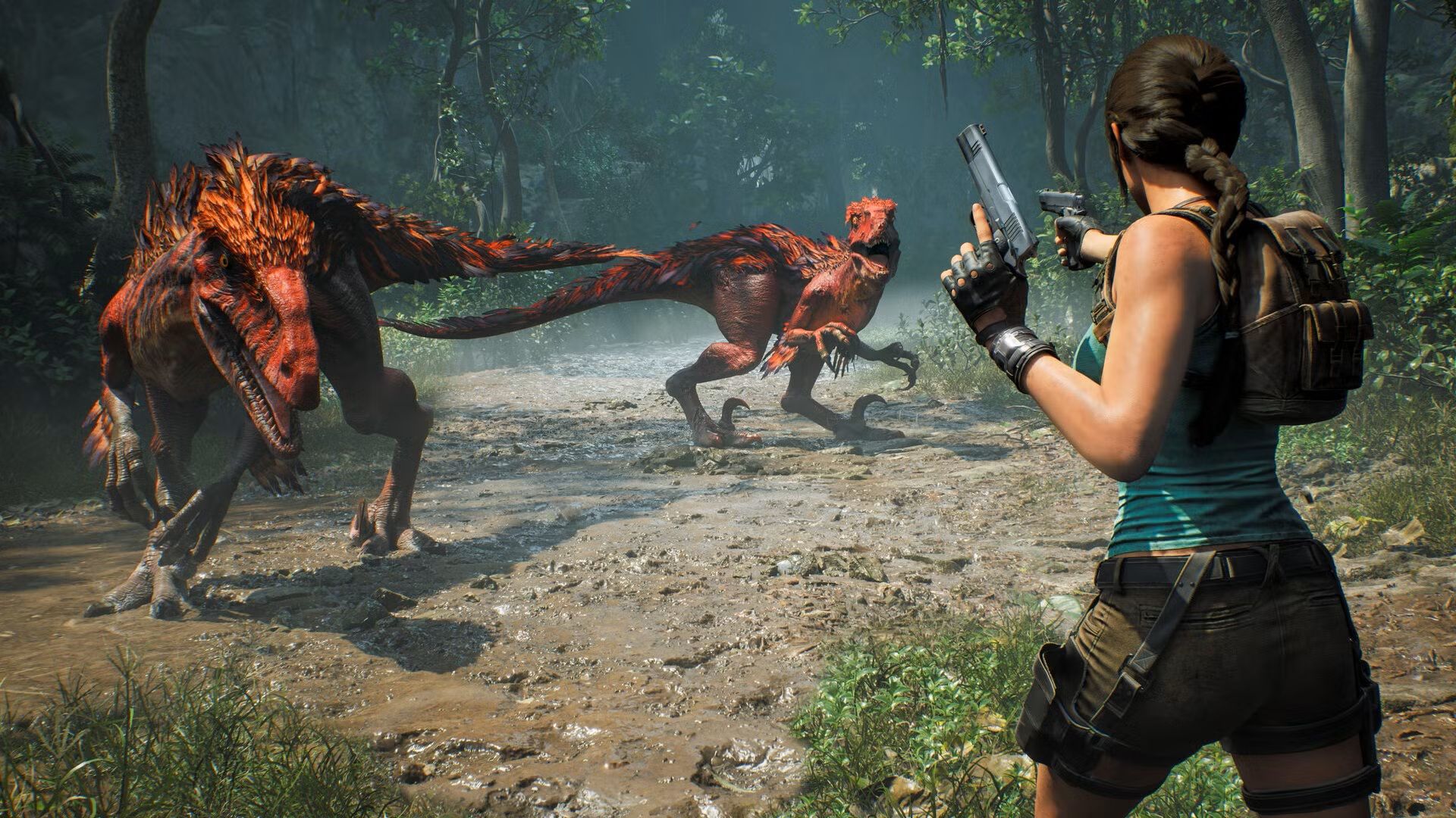 lara croft fighting two dinosaurs in tomb raider legacy of atlantis