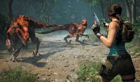 lara croft fighting two dinosaurs in tomb raider legacy of atlantis
