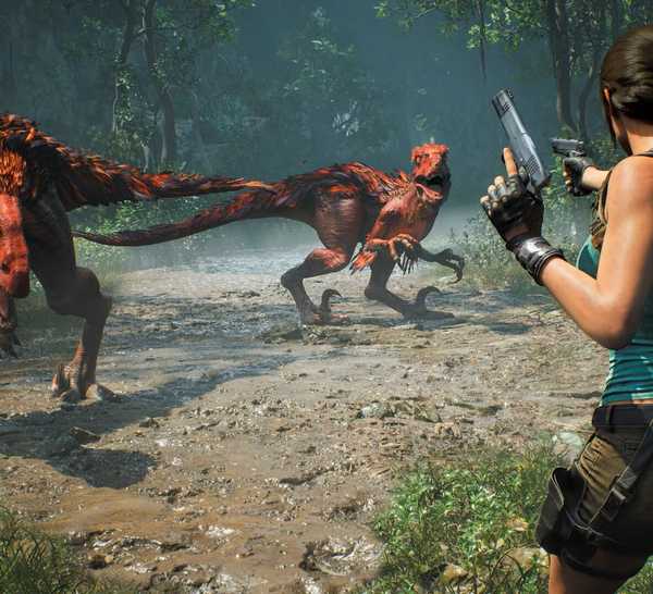lara croft fighting two dinosaurs in tomb raider legacy of atlantis