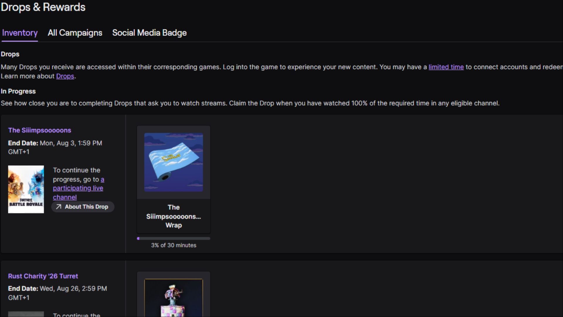 drops and rewards tab on twitch showcasing free items