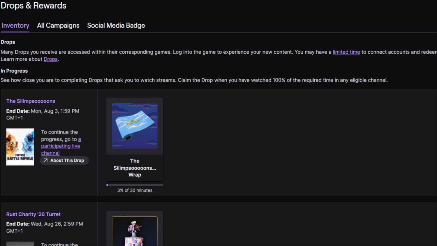 drops and rewards tab on twitch showcasing free items
