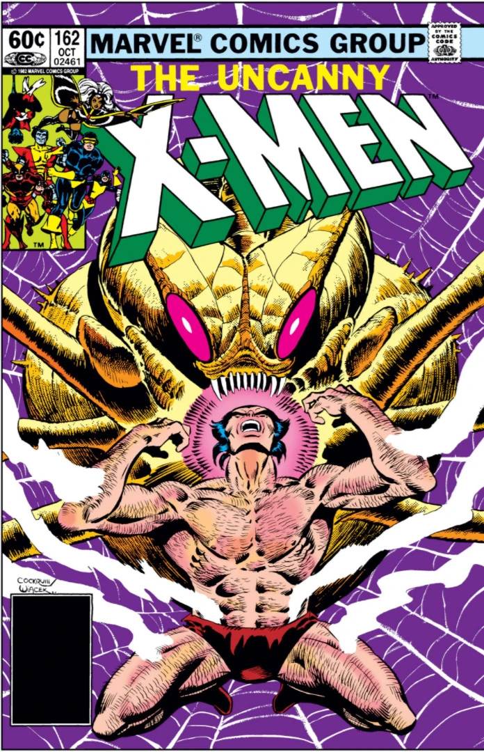 Wolverine flexes in his underwear with a Brood looming behind him on the cover of Uncanny X-Men #162