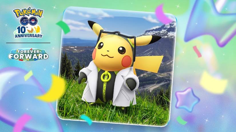 A Pikachu in a tight suit with a labcoat over it in Pokémon Go