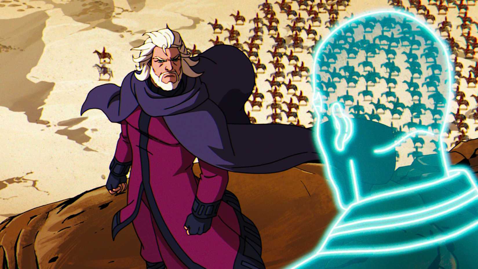 Magneto speaks to an astral projection of Charles Xavier while standing on a cliff overlooking many riders in X-Men '97 season 2.