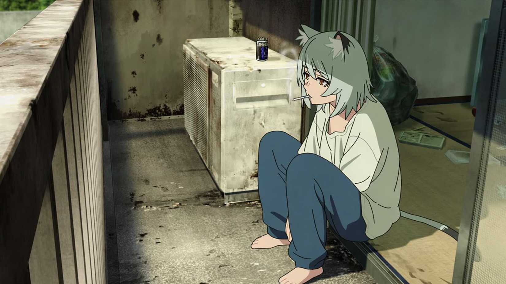 Still of Yaniko sitting on her balcony in Chainsmoker Cat