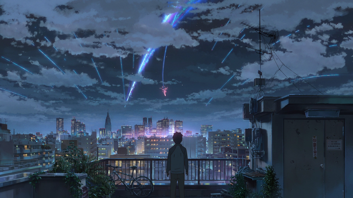 Taki looks up at the meteor shower in Your Name