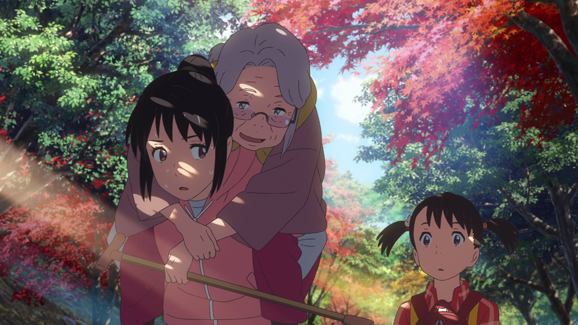 Mitsuha carries her grandmother while traveling with her sister in Your Name