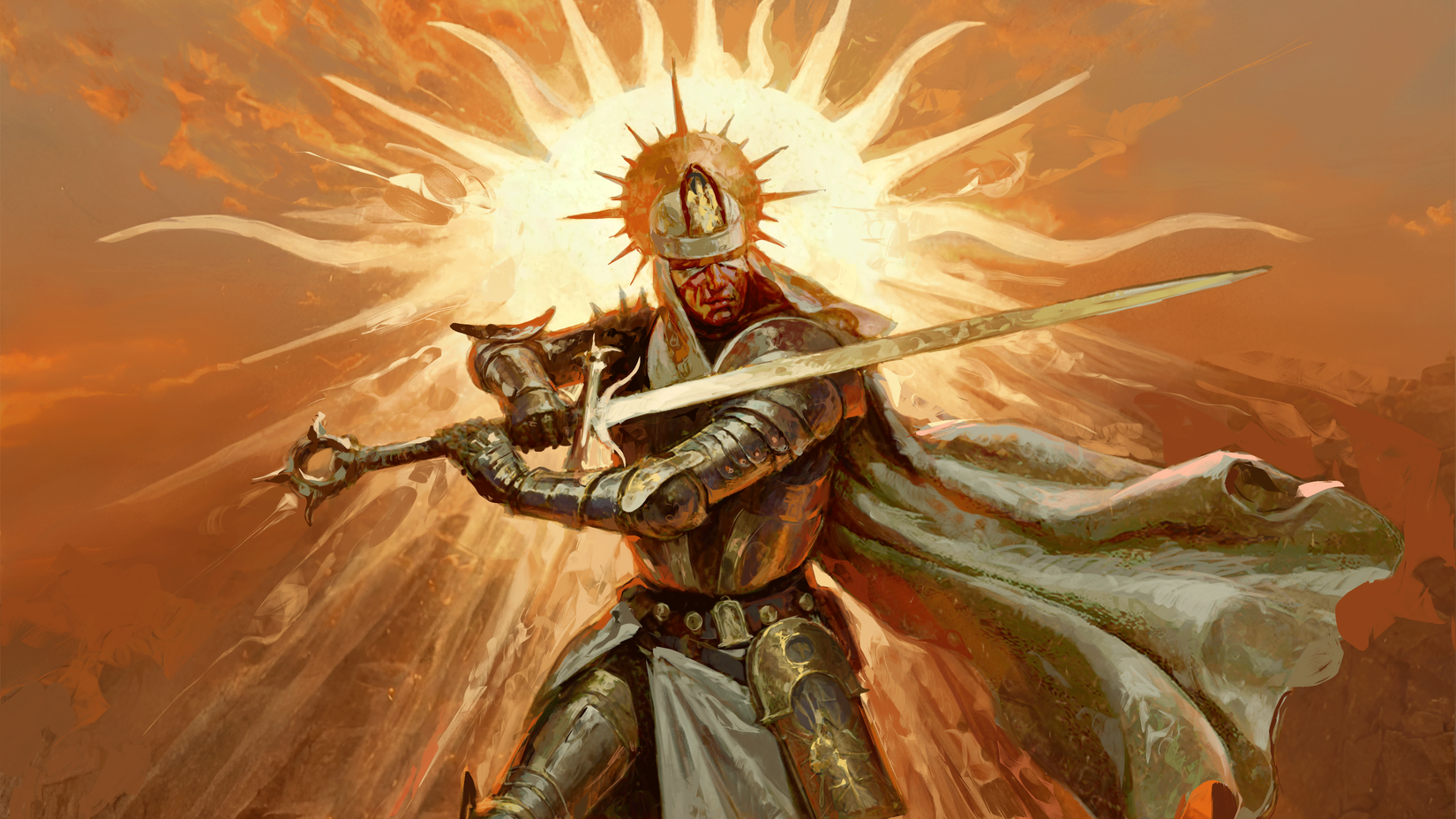 A paladin holds a long sword with a sun behind his head in Diablo 4 artwork