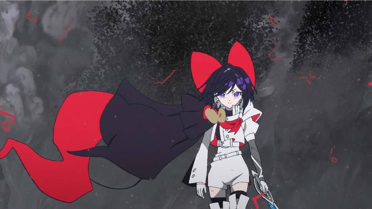Sapphire walks in front of a cloud of black smoke in The Ribbon Hero.