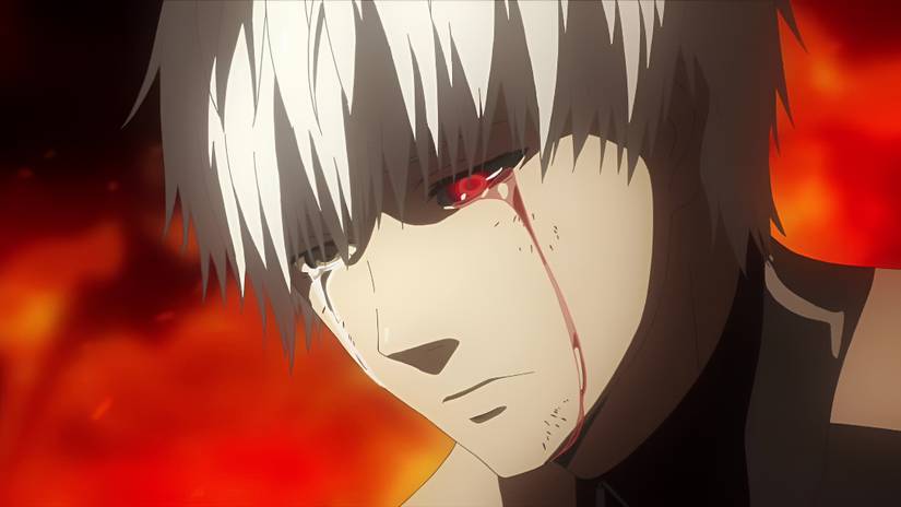 Kaneki sheds a tear of blood towards the end of Tokyo Ghoul: Root A