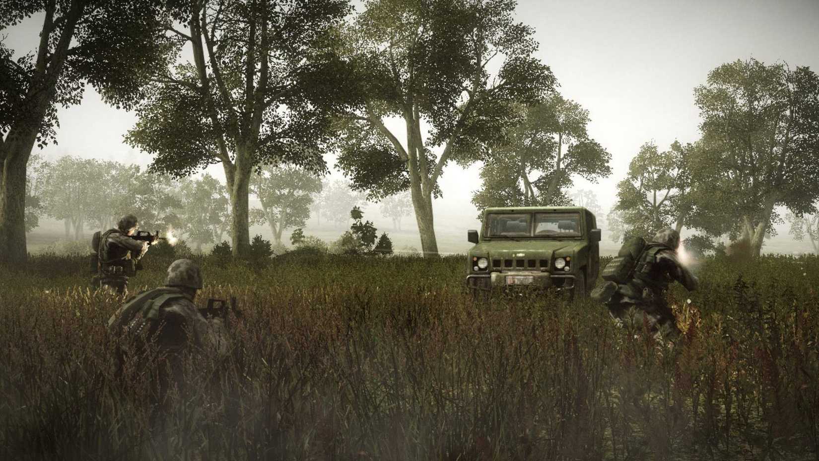 A humvee driving through grass with soldiers shooting at it in Operation Flashpoint: Dragon Rising.