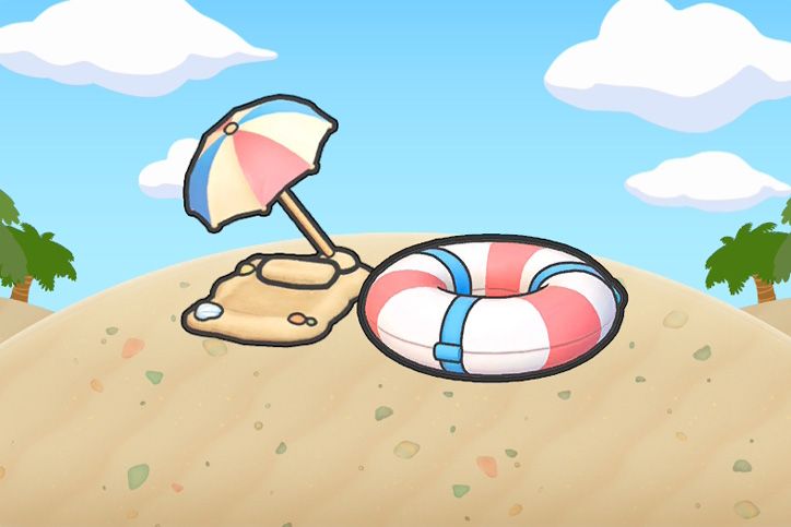 A Pokopia habitat with a sand bed, umbrella, and swim ring