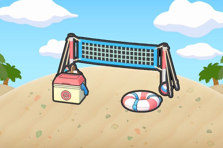 A Pokopia habitat with a cooler, swim ring, and a volleyball net