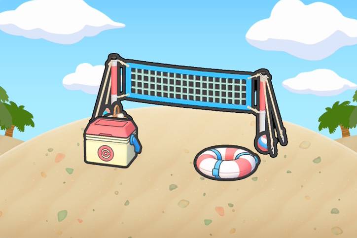 A Pokopia habitat with a cooler, swim ring, and a volleyball net