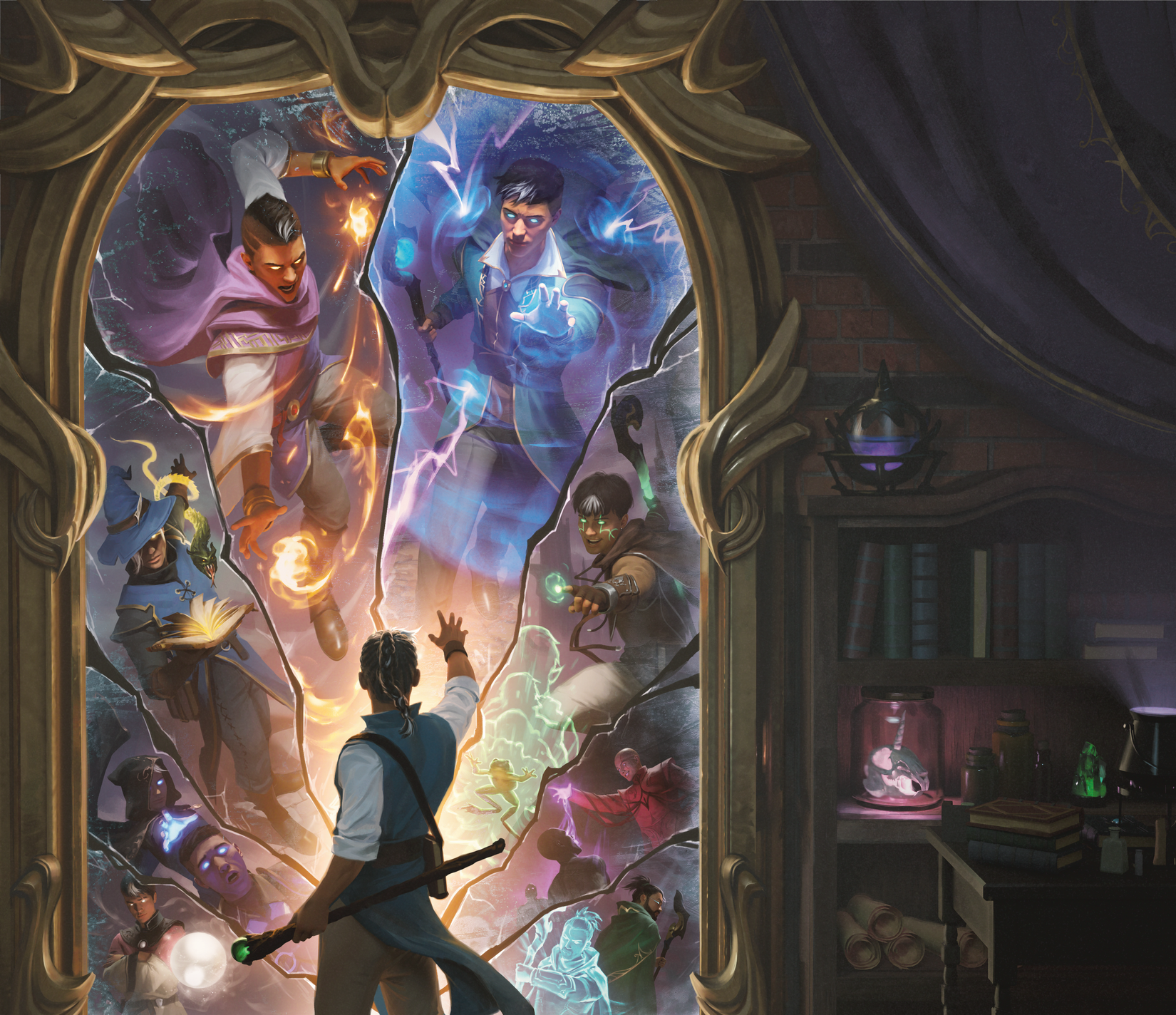 An interior illustration for the D&D book Arcana Unleashed showing a character in front of a shattered mirror showing endless possibilities