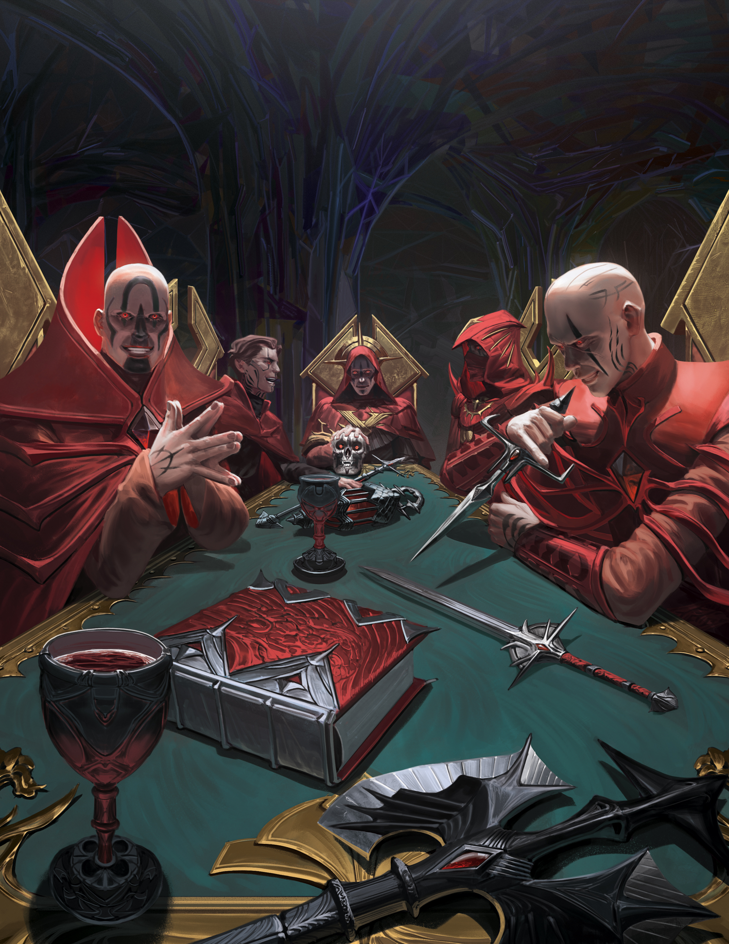 D&D Arcana Unleashed Red Wizards sitting at a table with evil smiles