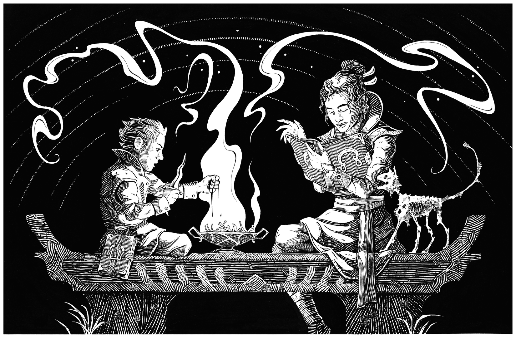 An illustration from the Dungeones & Dragons book Arcana Unleashed featuring two characters engaging in necromantic rituals