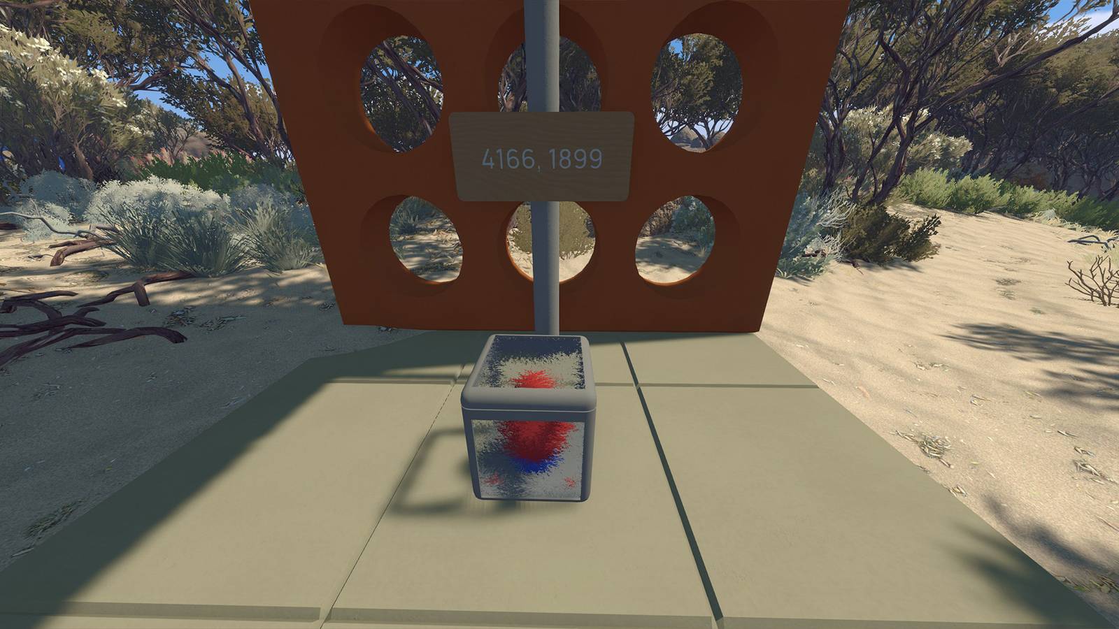 A red object trapped inside a glass box with the numbers 4166, 1899 above it in Big Walk.