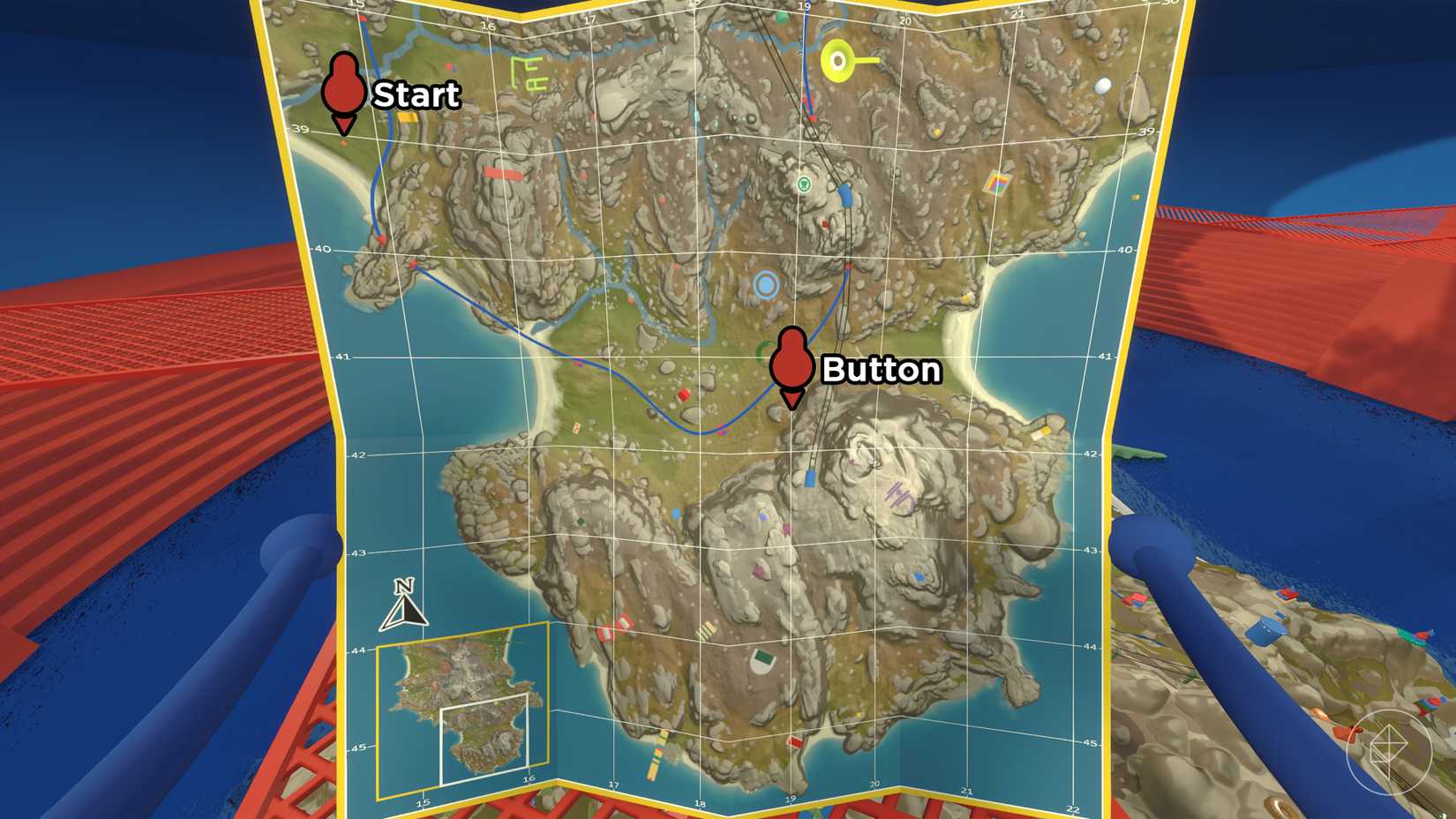 The Big Walk map featuring two red gourd shaped icons marking the start of a puzzle and a button.