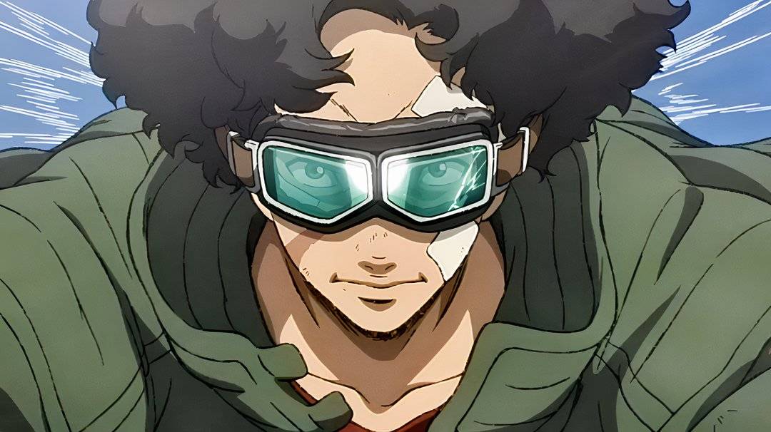 A young man with special glasses looks ahead with a smile in Megalobox