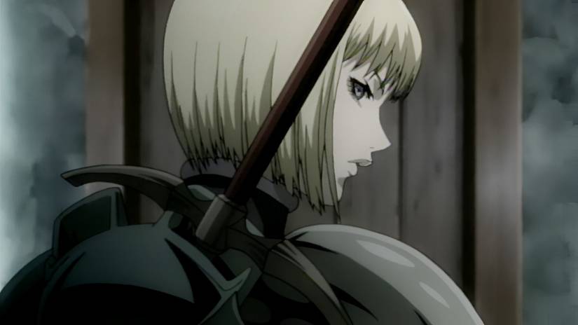A blonde-haired woman looks back with a stern expression in Claymore