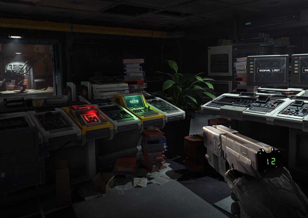 The player in Alien Deathstorm holding a pistol while an alien skulks past through the doorway.