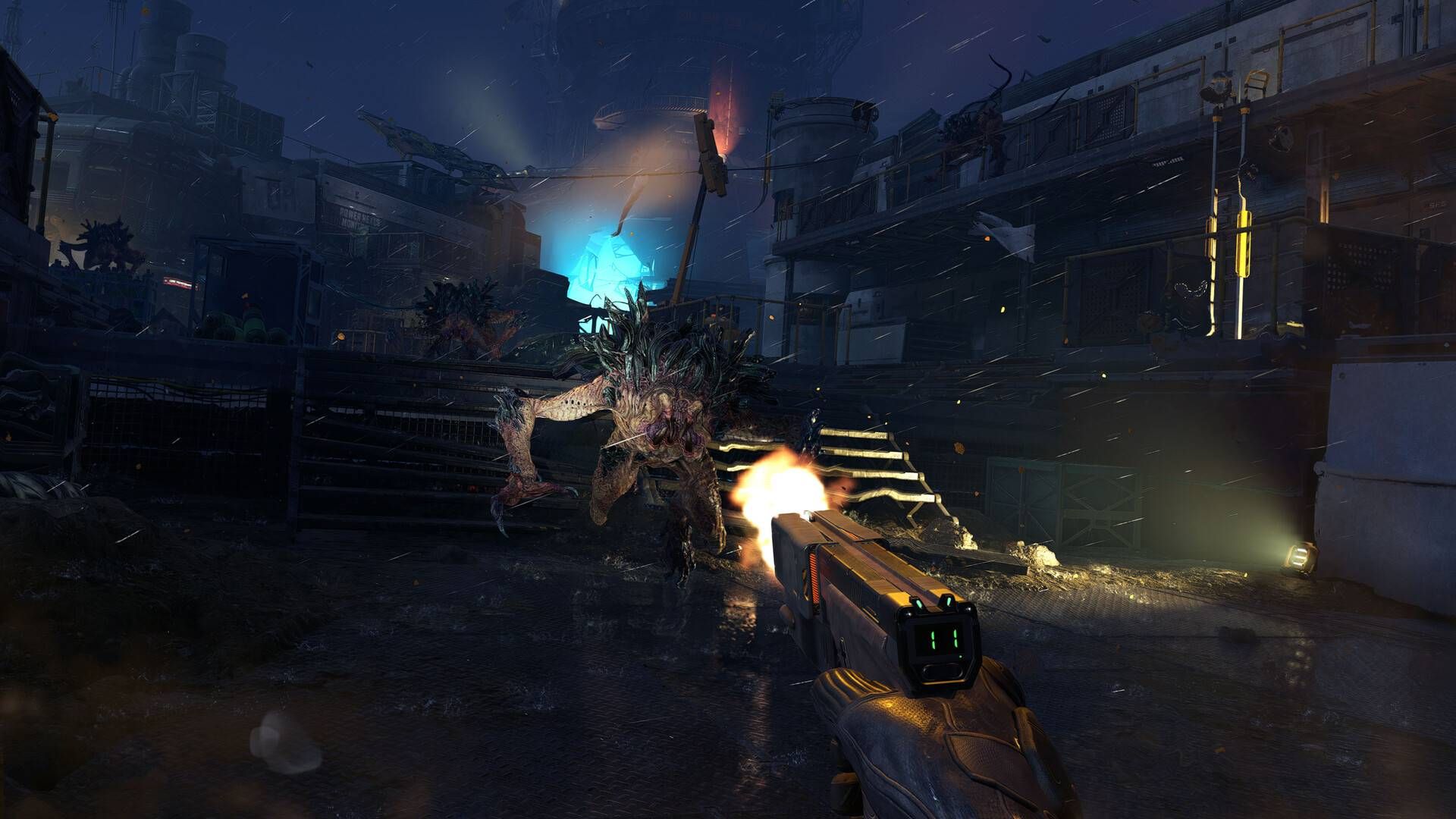 The player in Alien Deathstorm firing a pistol at an alien.