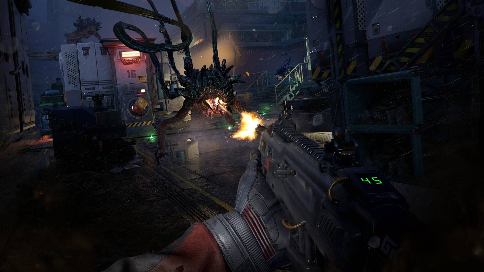 The player in Alien Deathstorm firing an assault rifle at an alien.
