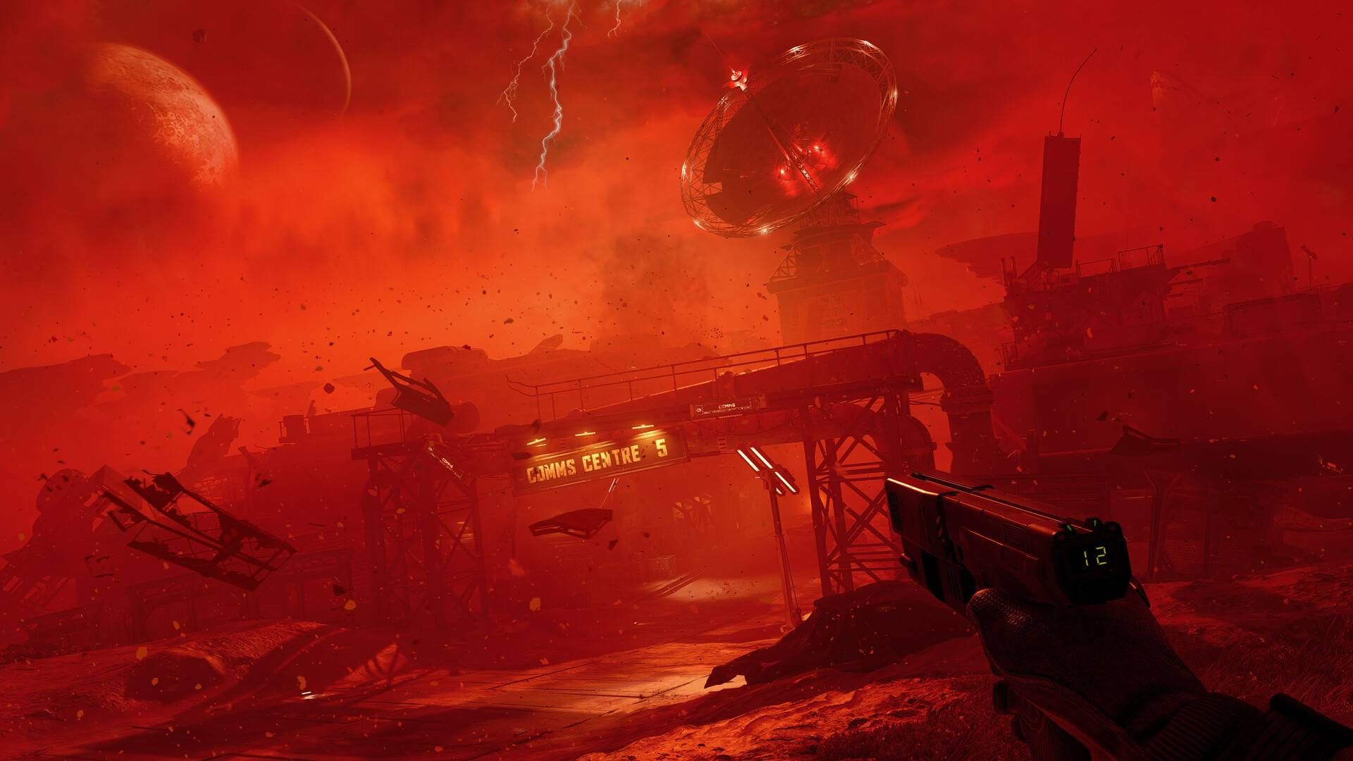 The player in Alien Deathstorm holding a pistol.