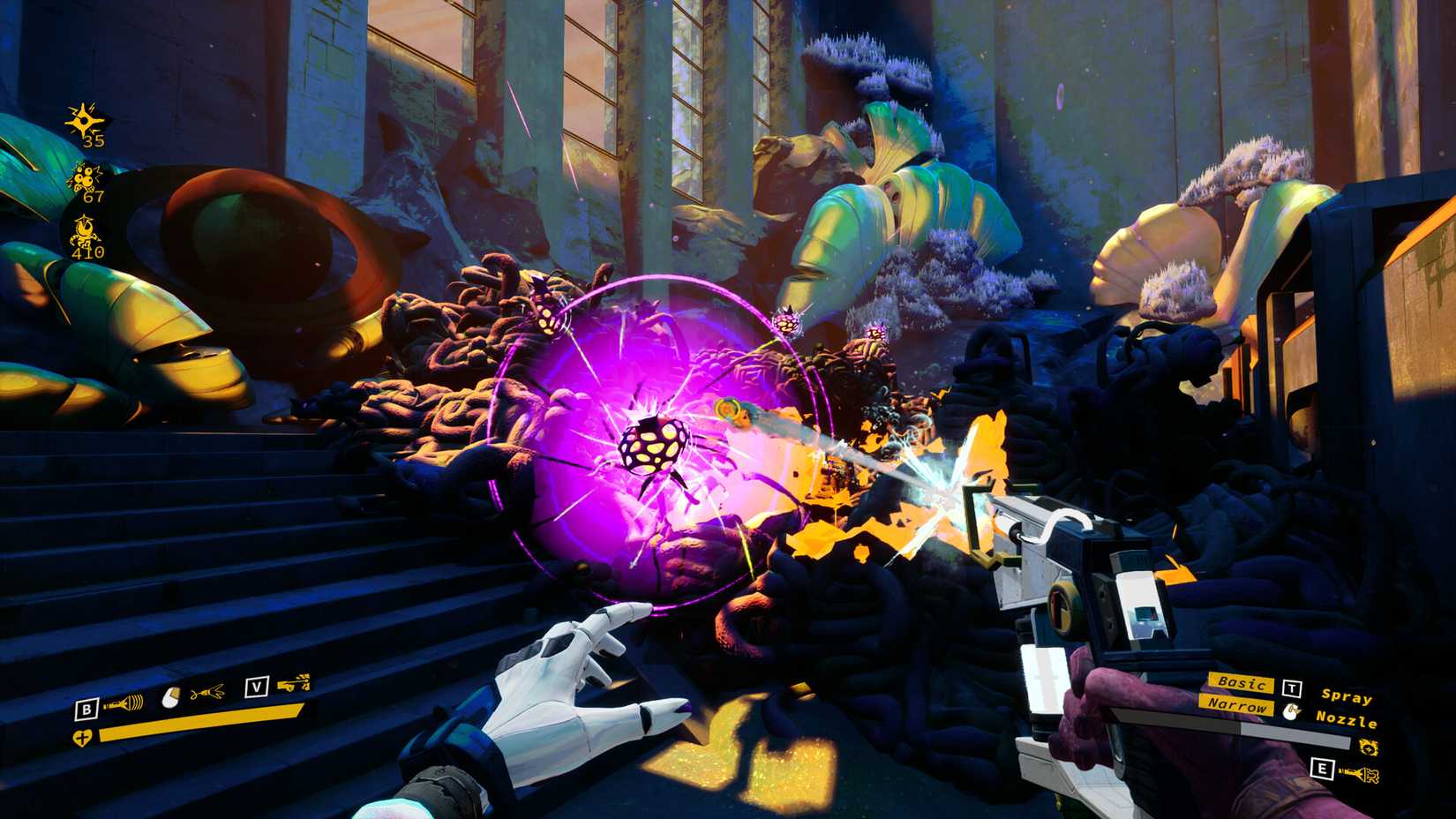 A character shoots water at fungus in Abrosia Sky.