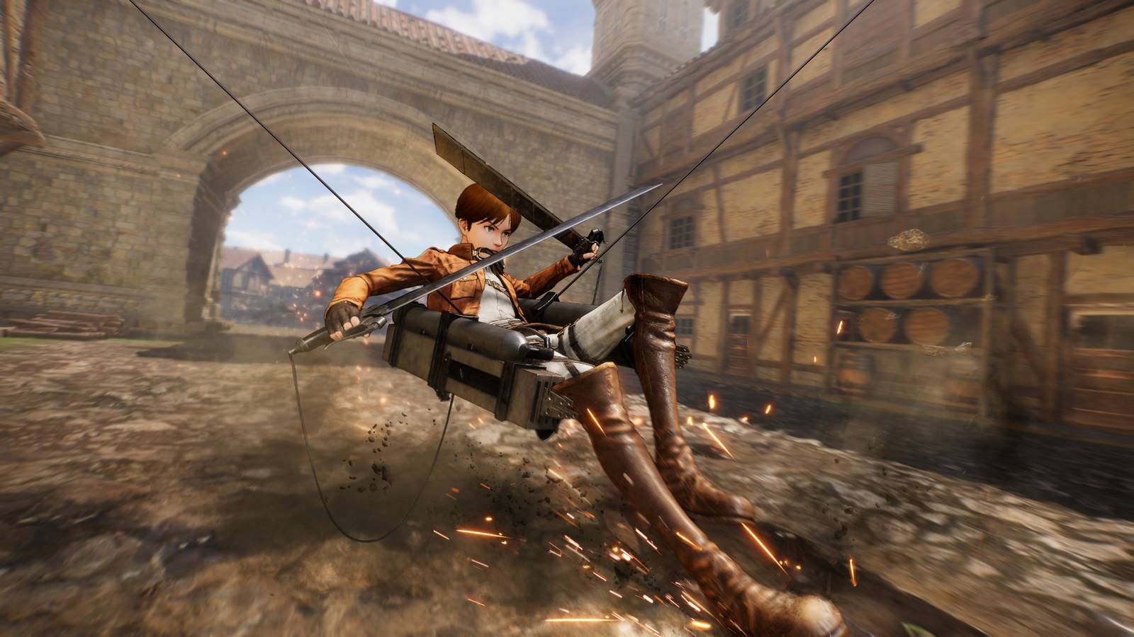 The player zips around the city in Attack on Titan 3