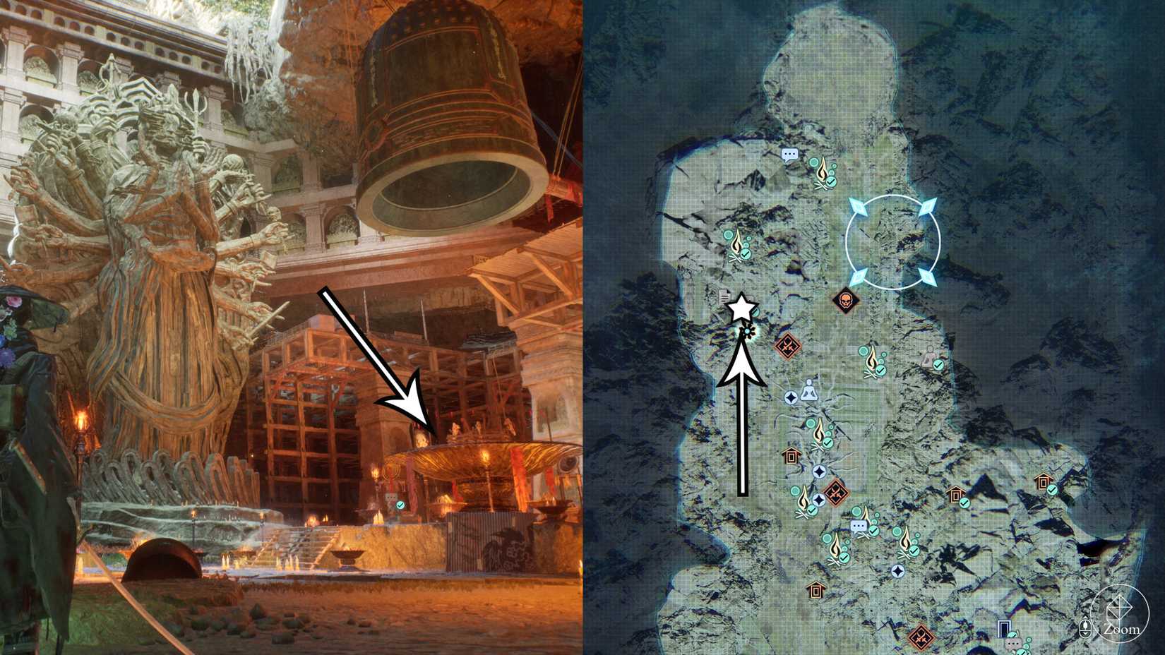 Arrows point to the fire puzzle location in Beast of Reincarnation.