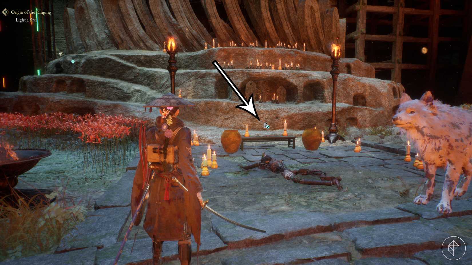 An arrow points to the fire puzzle solution in Beast of Reincarnation