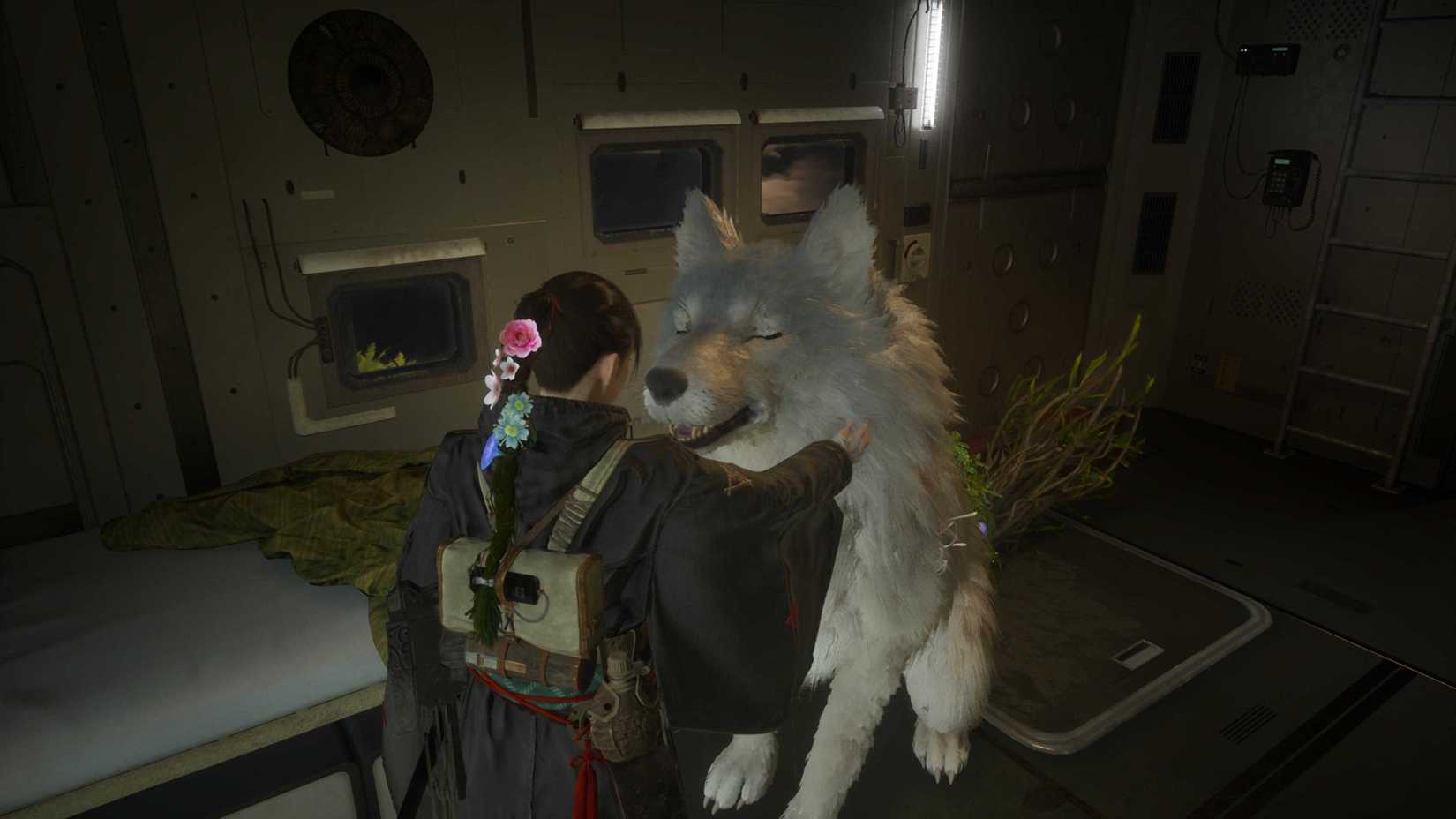 Beast of Reincarnation Emma petting the big fluffy dog Koo