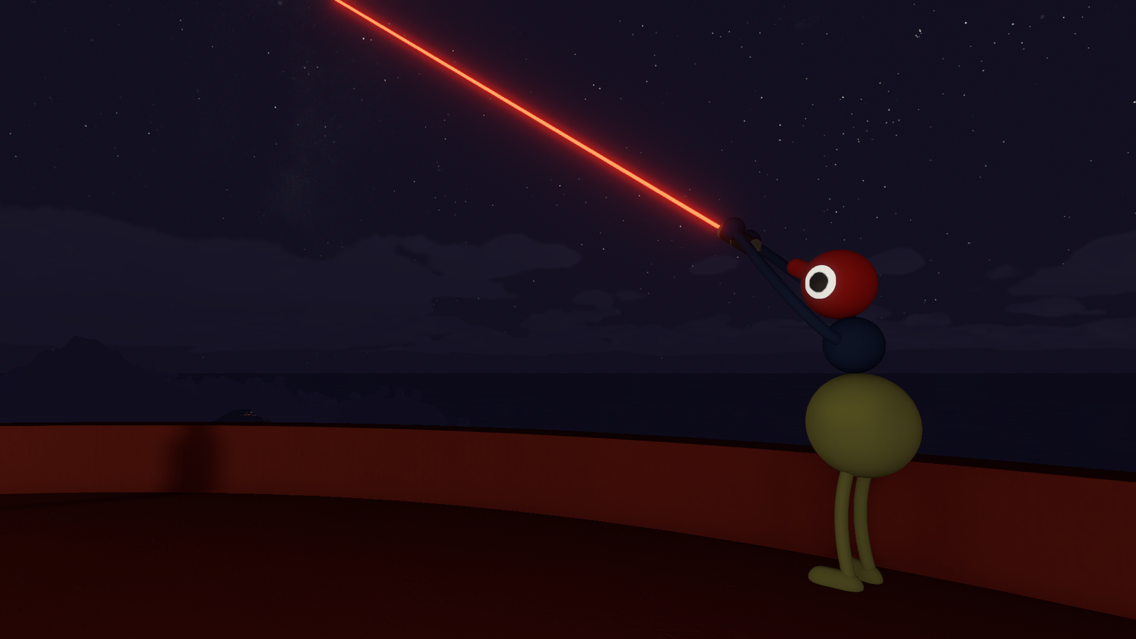 A Big Walk characters fires a laser pointer into the sky at night