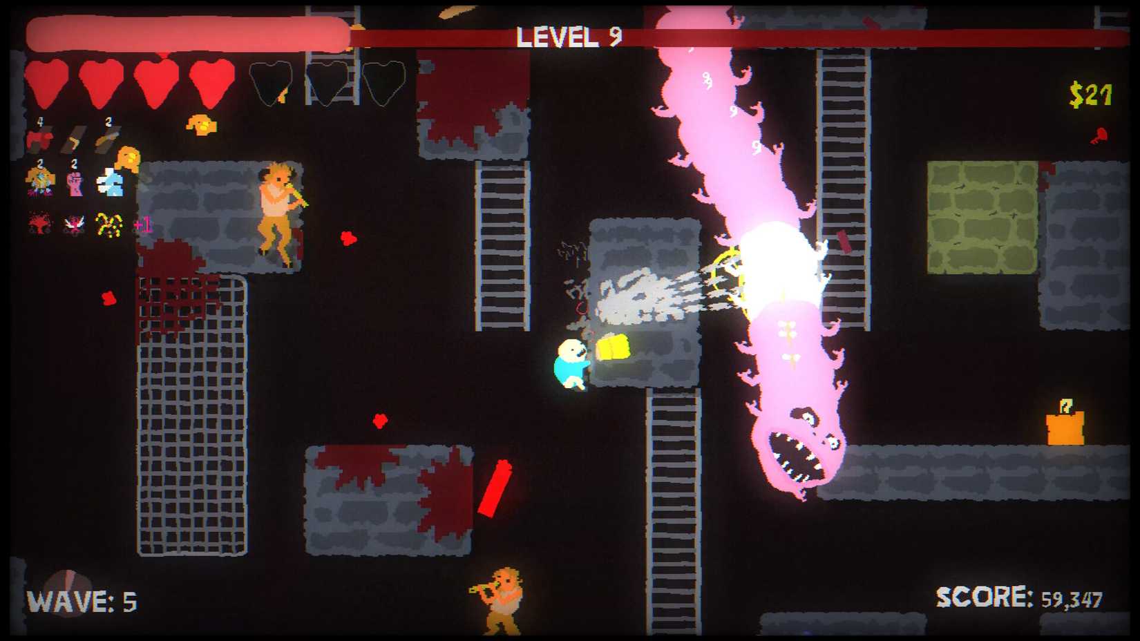 A baby shoots a worm in Blood Dungeon.