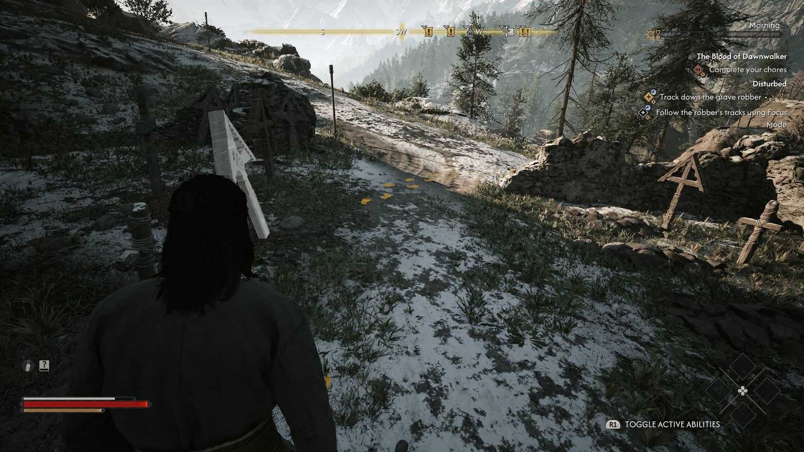 Coen looking at footprints highlighted orange in The Blood of Dawnwalker.