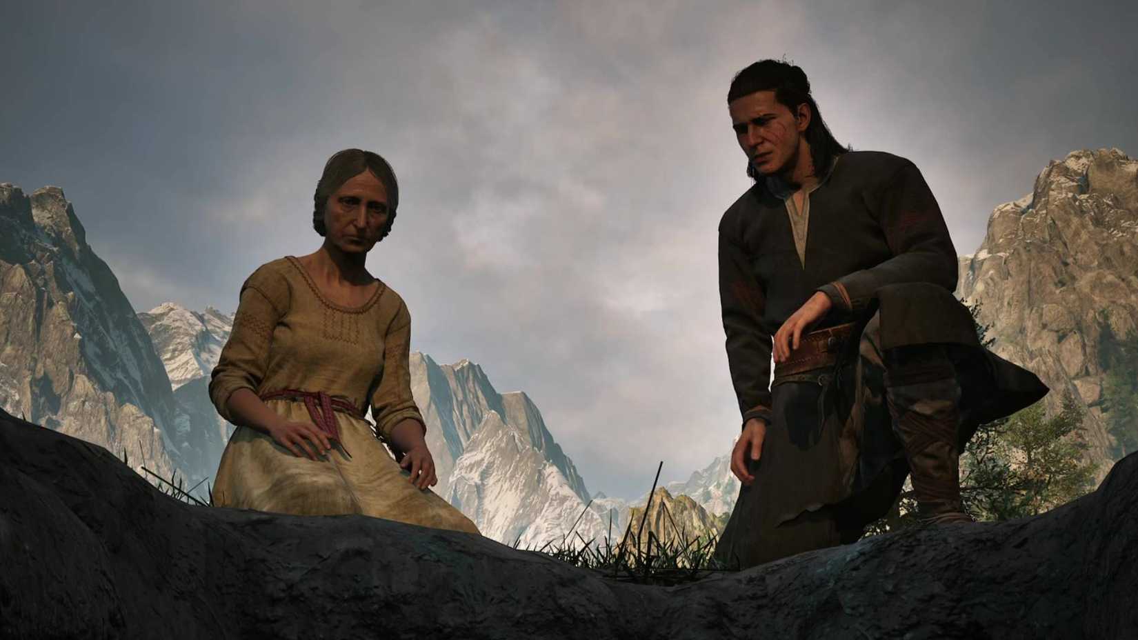 Crina and Coen knelt over Kvet's grave in The Blood of Dawnwalker.