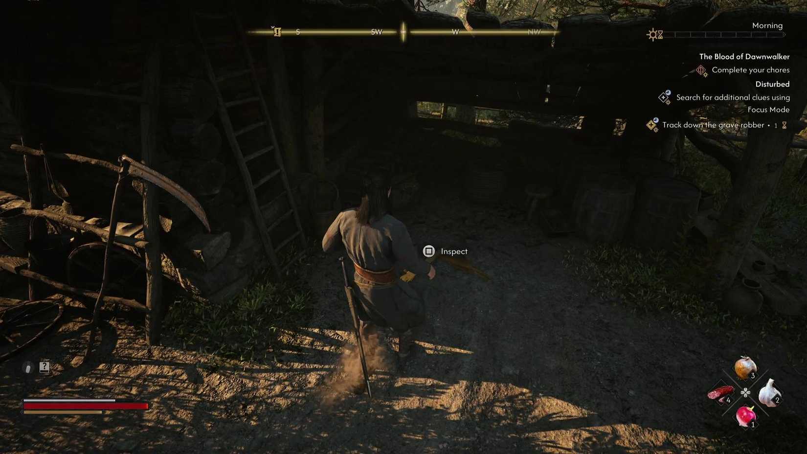 Coen standing next to the shovel in The Blood of Dawnwalker.